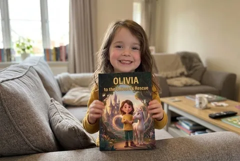 A child holding the printed hardcover book